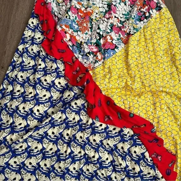 Anthropologie 52 of 52 Conversations Multi-Print Bias Cut Dress M Floral, Cats